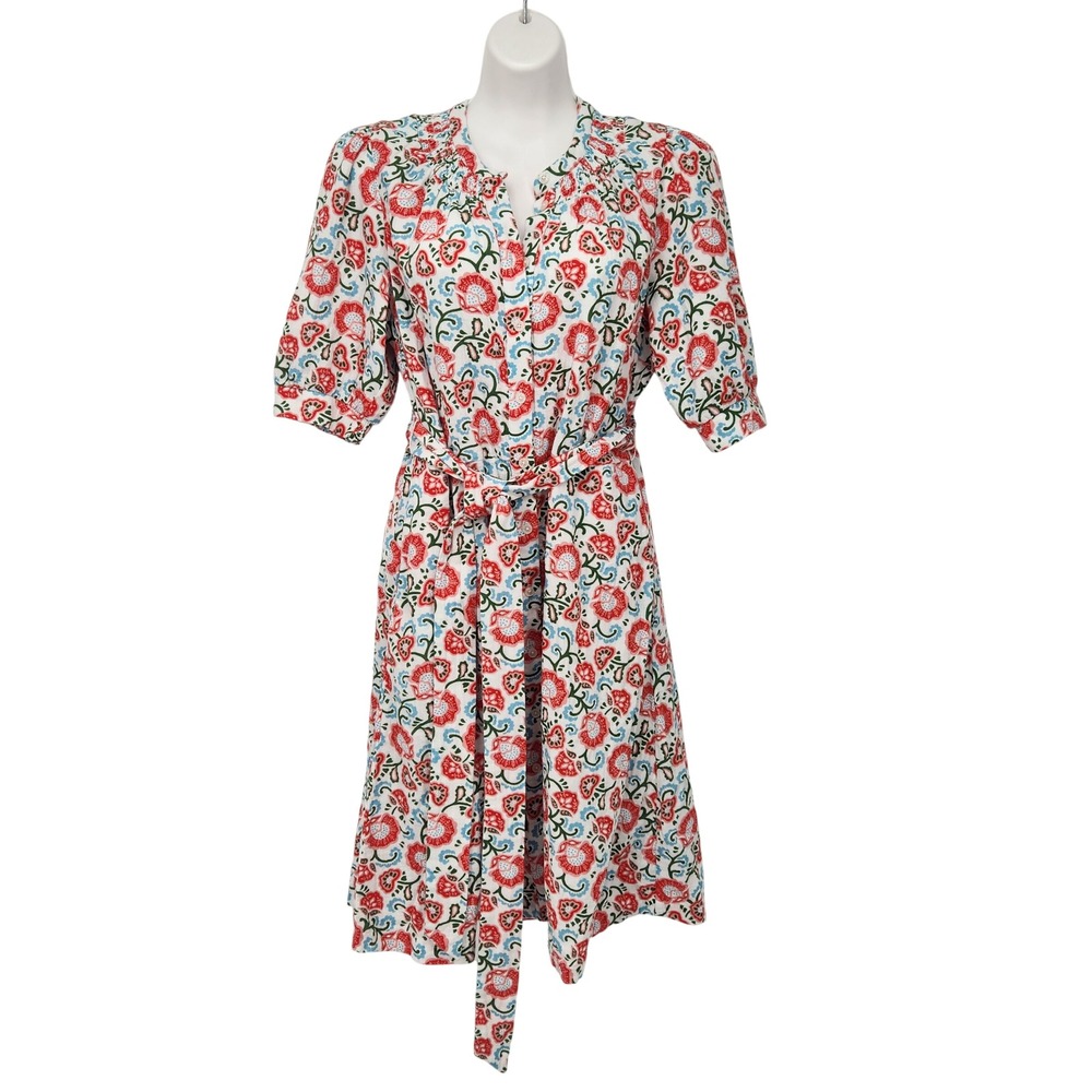 Boden Ada Double Cloth Short Dress Floral Cotton Button Down Midi Red Blue US 8L - Picture 2 of 10